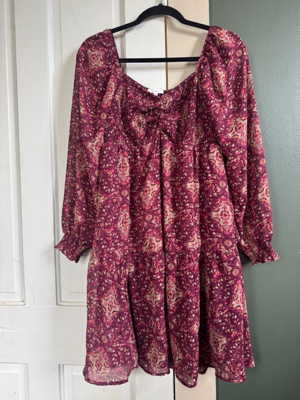 Maurices Burgundy Pink Floral Long Sleeve Babydoll Dress